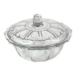 Vintage CANDY DISH 7” Clear Glass Bowl & Lid KIG Kedaung Oyster Pearl Beaded